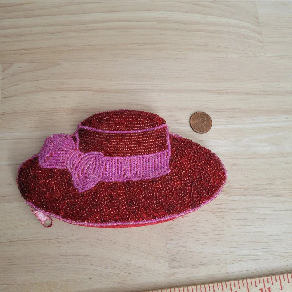 Red Beaded Coin Purse Fashionable Hat Small Bag Red Hat Society Gift Pink Ribbon